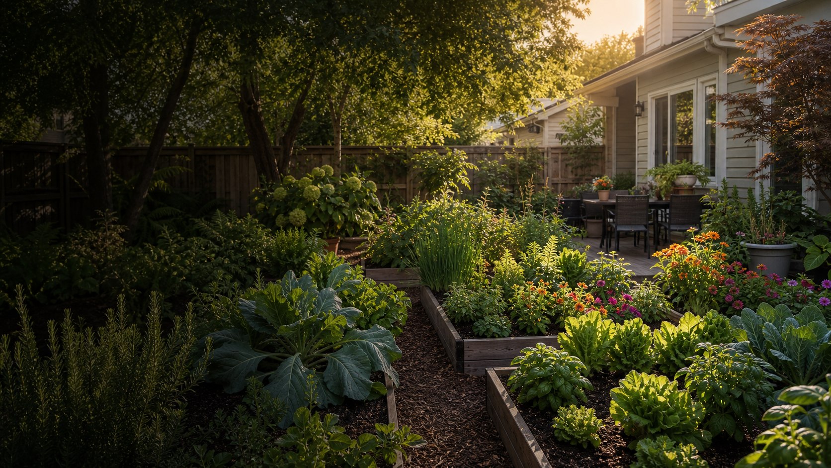 Residential property with raised garden beds, lush plantings, patio, fence, and home exterior