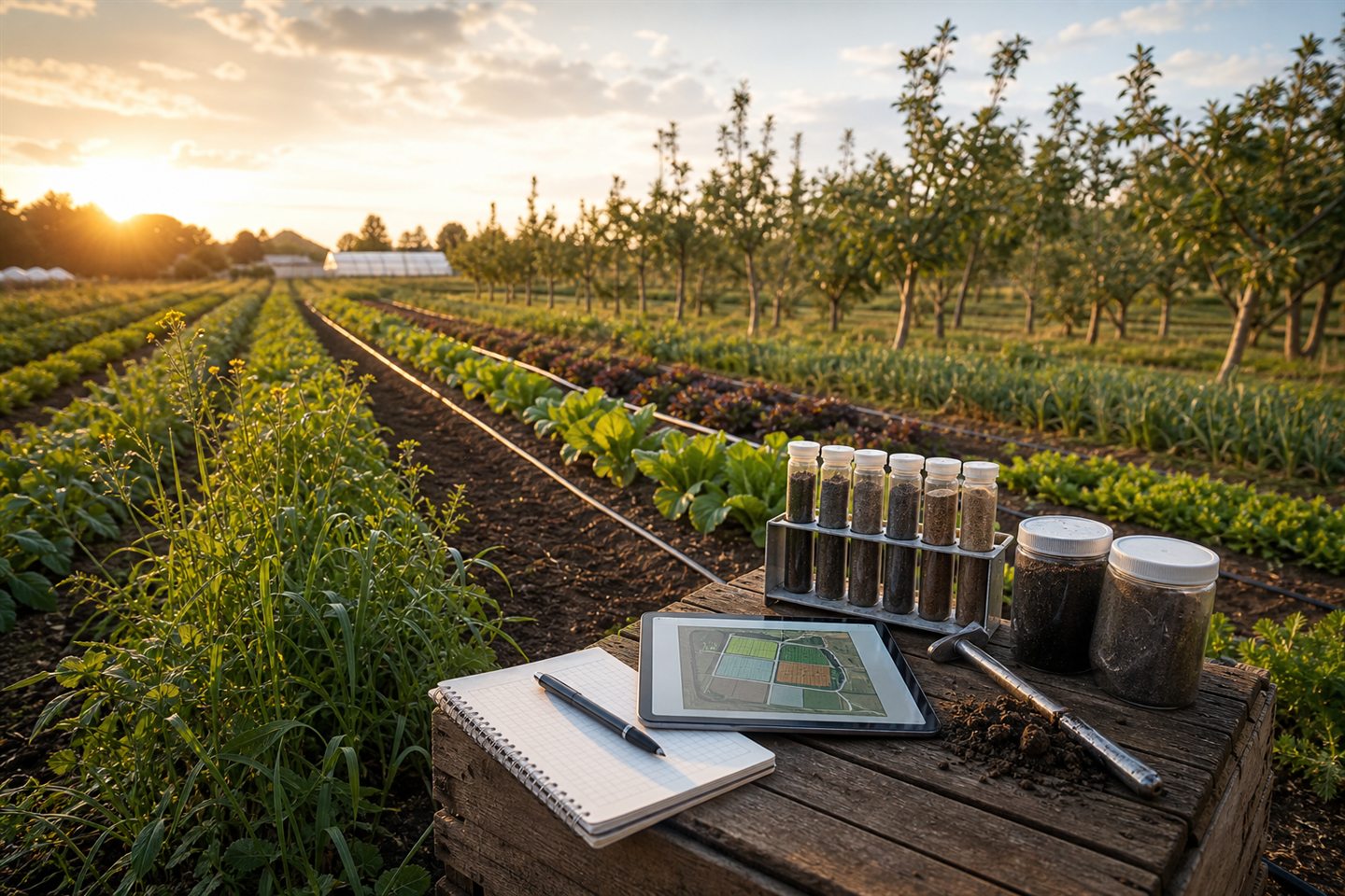 Small farm and orchard rows with soil sample jars, field notebook, tablet, and irrigation lines