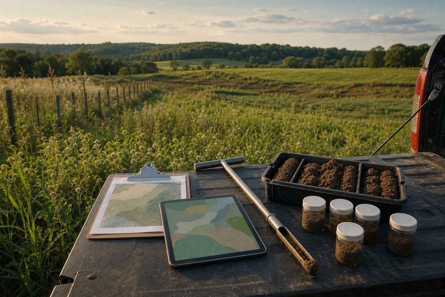 Pasture and field consultation with soil cores, field map, tablet, soil probe, and sample jars