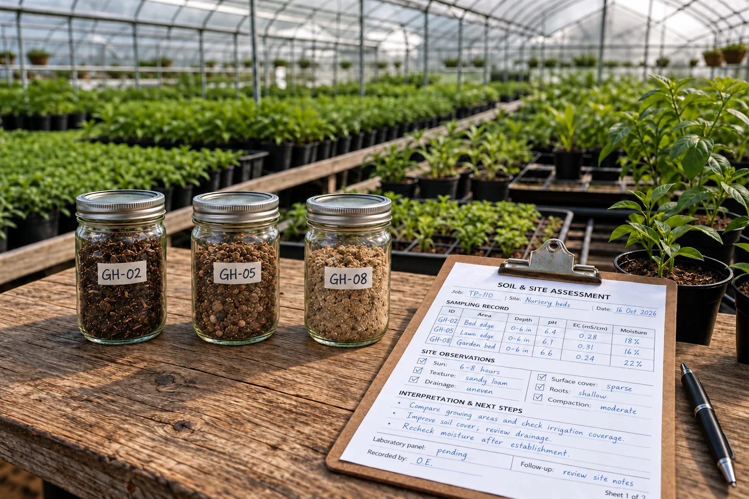 Separate soil samples in pint mason jars beside a completed multi-section nursery soil assessment